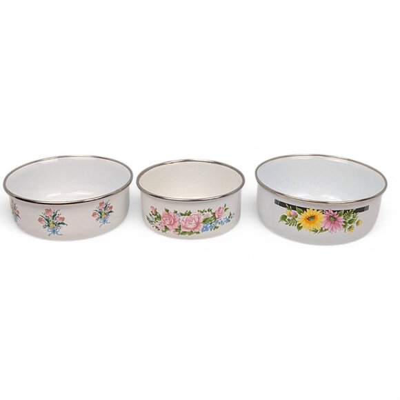 Vintage Enamelware Metal Bowls Mixed Lot of 3 Floral Patterns GMI - Picture 1 of 16